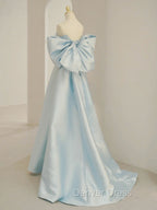 Blue A Line Satin Long Prom Dress, Blue Satin Prom Dresses