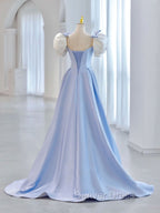 Blue A-Line Satin Long Prom Dresses, Blue Satin Formal Evening Dresses