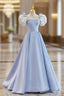 Blue A-Line Satin Long Prom Dresses, Blue Satin Formal Evening Dresses