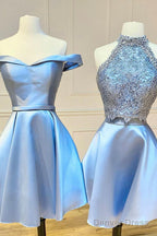Blue A-Line Satin Short Prom Dress, Cute Mini Prom Homecoming Dresses