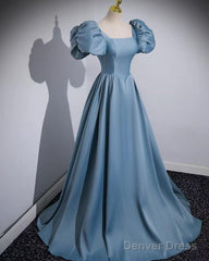 Blue A Line Short Sleeves Cute Prom Dress