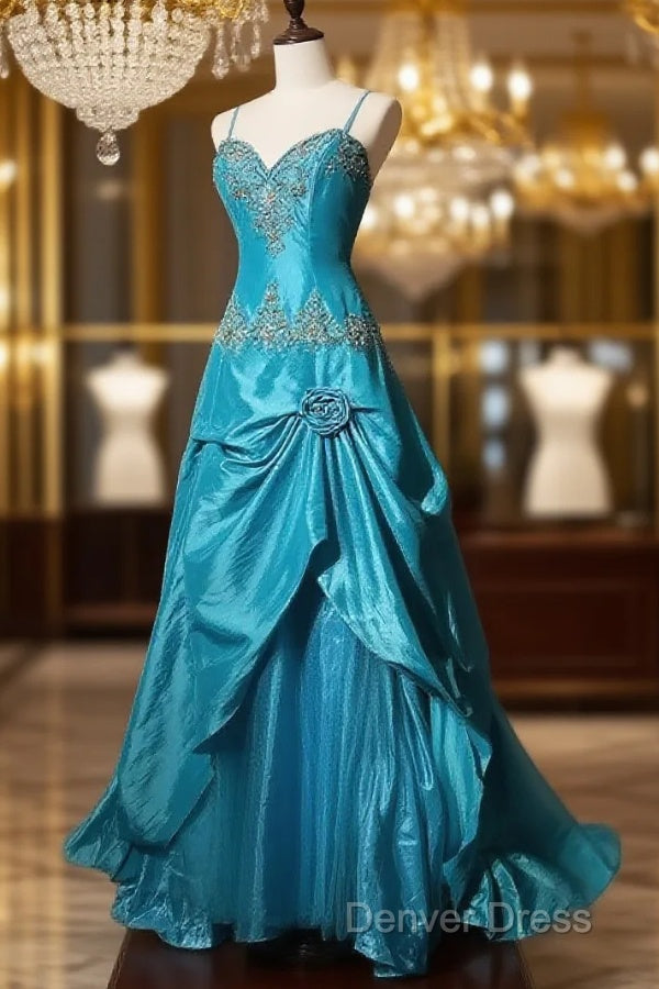 Blue A-Line Spaghetti Straps Satin Beaded Long Prom Dresses Sweetheart Neck Applique Graduation Prom Dresses Main image