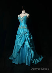 Blue A-Line Spaghetti Straps Satin Beaded Long Prom Dress Sweetheart Neck Applique Graduation Prom Dress