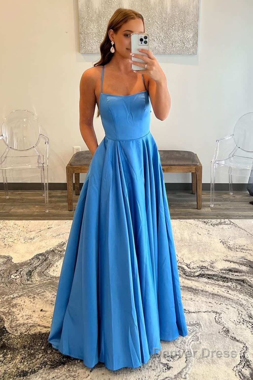 Blue A-Line Spaghetti Straps Simple Prom Dress with Pockets Main image