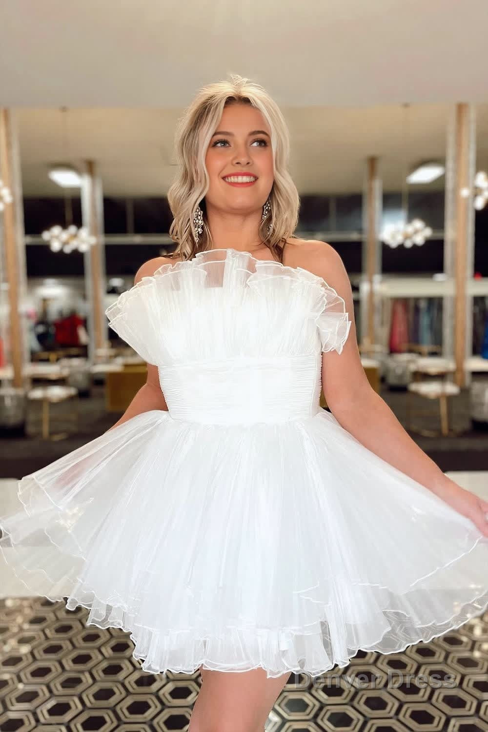 Blue A Line Strapless Ruffled Short Homecoming Dresses