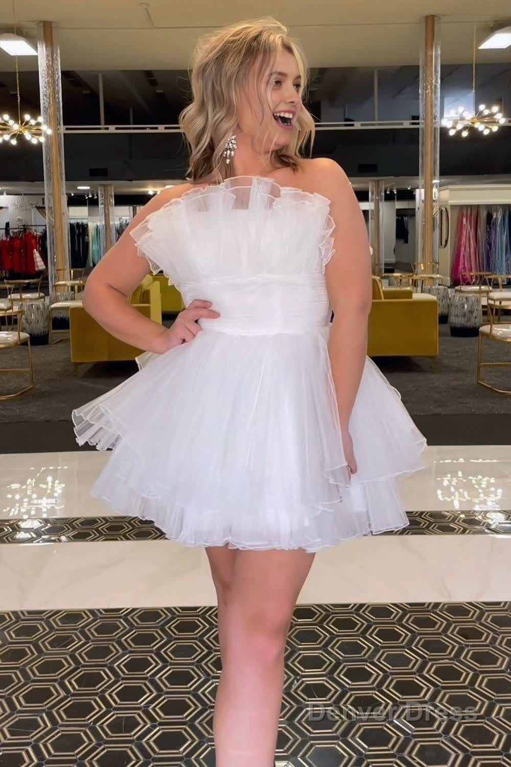 Blue A Line Strapless Ruffled Short Homecoming Dresses