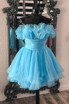 Blue A Line Strapless Ruffled Short Homecoming Dresses