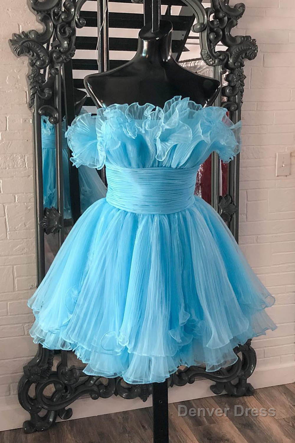 Blue A Line Strapless Ruffled Short Homecoming Dresses