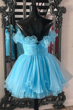 Blue A Line Strapless Ruffled Short Homecoming Dresses