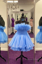 Blue A Line Strapless Ruffled Short Homecoming Dresses