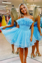 Blue A Line Strapless Ruffled Short Homecoming Dresses