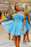 Blue A Line Strapless Ruffled Short Homecoming Dresses