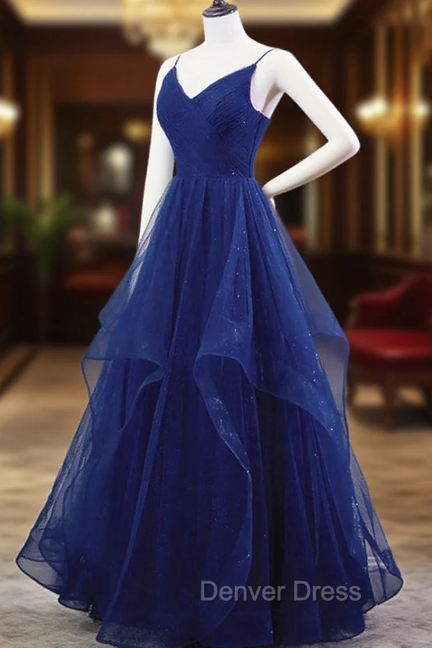 Blue A-line Straps Tulle Layers Long Party Dresses, Blue Long Prom Dresses