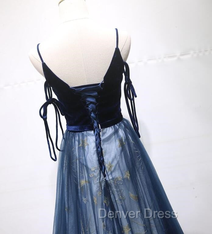 Blue A Line Straps Tulle Long Prom Dress Prom Dress, Blue Bridesmaid Dresses