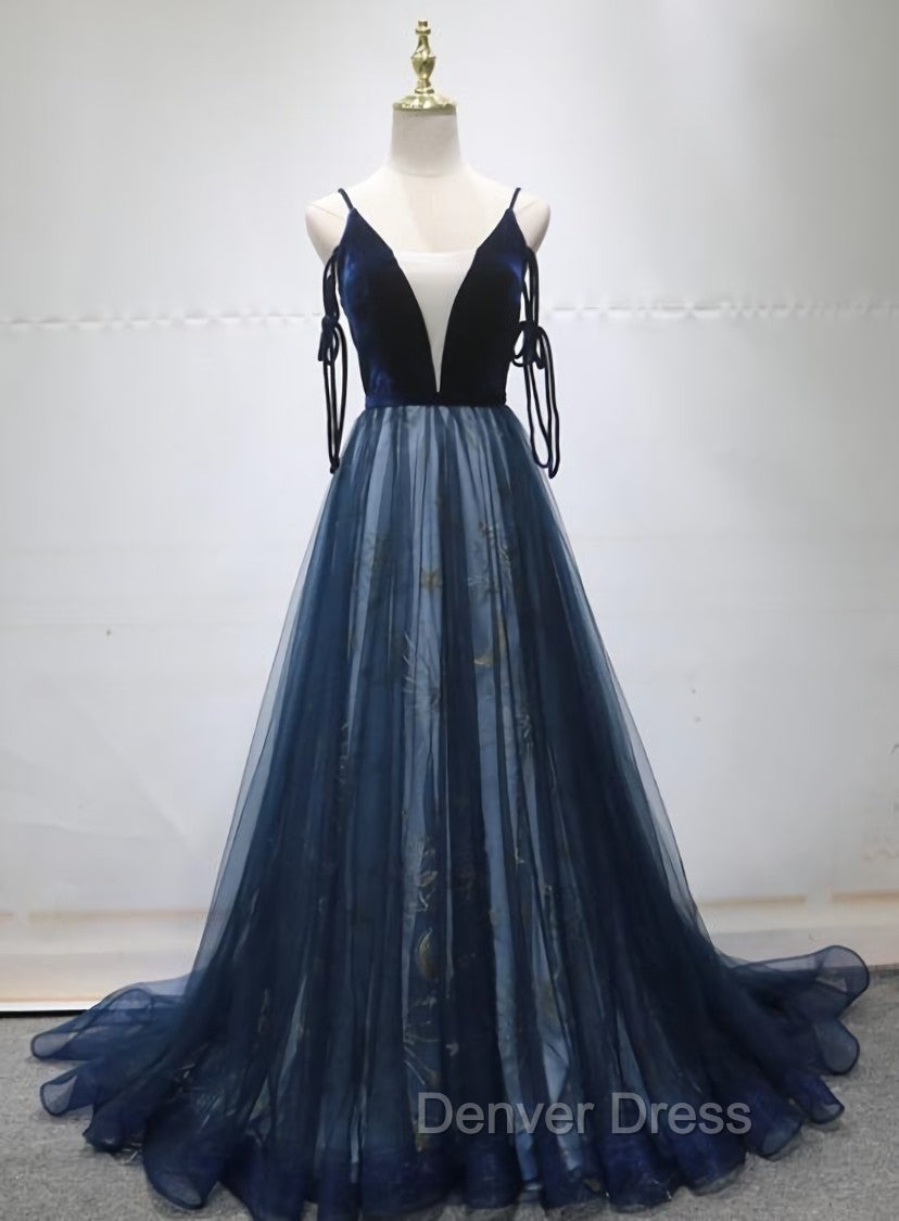 Blue A-line Straps Tulle Long Evening Dresses Party Dresses, Blue Bridesmaid Dresses