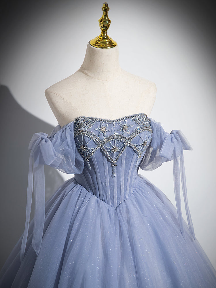 Blue A-Line Tulle Beads Long Prom Dresses, Blue Long Formal Dresses Secondary image