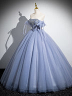 Blue A-Line Tulle Beads Long Prom Dresses, Blue Long Formal Dresses