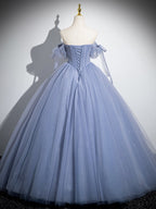 Blue A-Line Tulle Beads Long Prom Dresses, Blue Long Formal Dresses