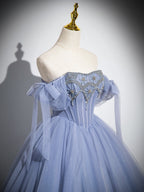 Blue A-Line Tulle Beads Long Prom Dresses, Blue Long Formal Dresses