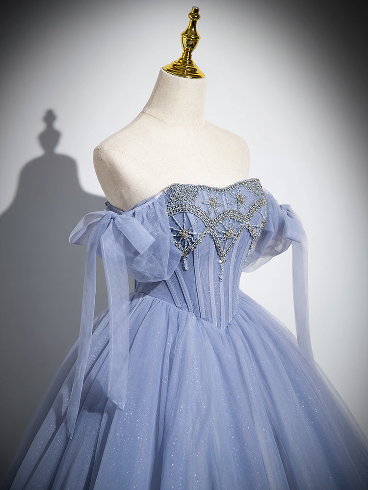 Blue A-Line Tulle Beads Long Prom Dresses, Blue Long Formal Dresses