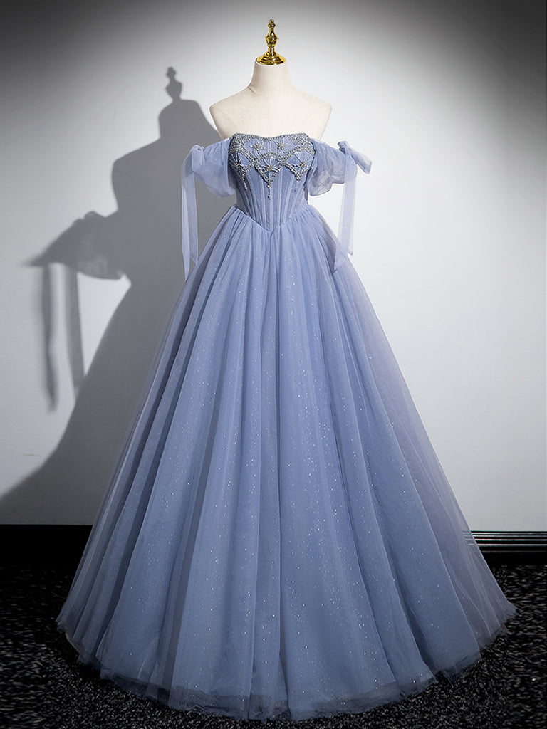 Blue A-Line Tulle Beads Long Prom Dresses, Blue Long Formal Dresses Main image