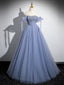 Blue A-Line Tulle Beads Long Prom Dresses, Blue Long Formal Dresses