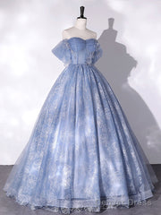 Blue A-Line Tulle Lace Long Prom Dress, Blue Formal Graduation Dress