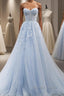 Blue A Line tulle lace long prom Dress blue lace Prom Dresses