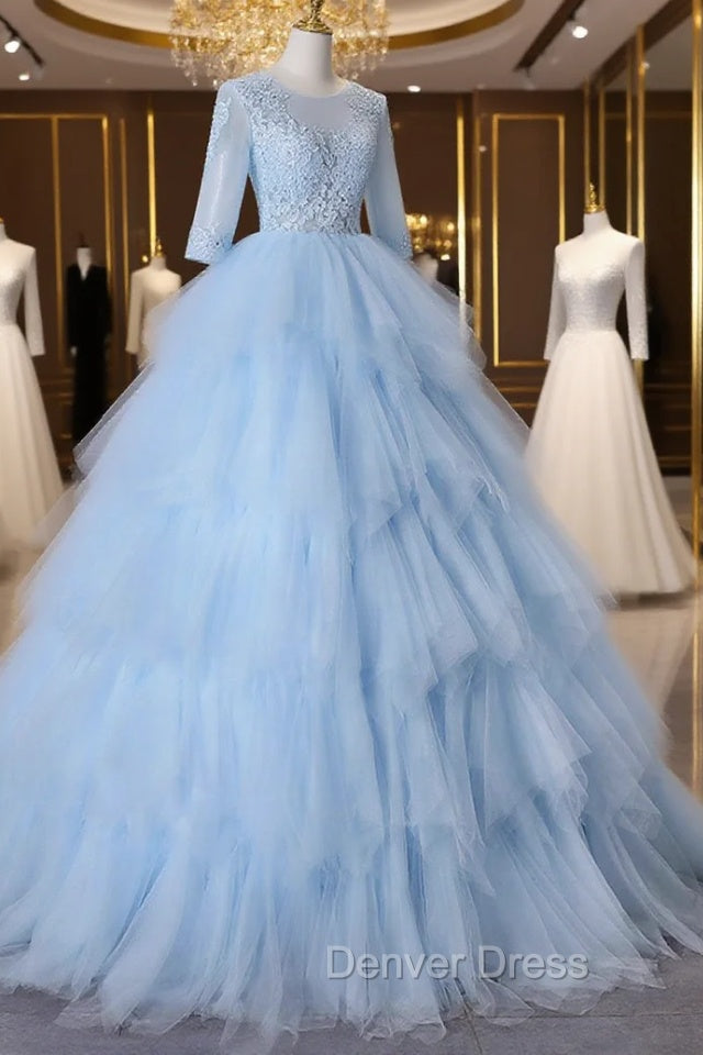 Blue A-Line Tulle Lace Long Prom Dresses, Blue Lace Formal Evening Dresses