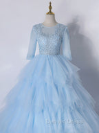 Blue A-Line Tulle Lace Long Prom Dresses, Blue Lace Formal Evening Dresses