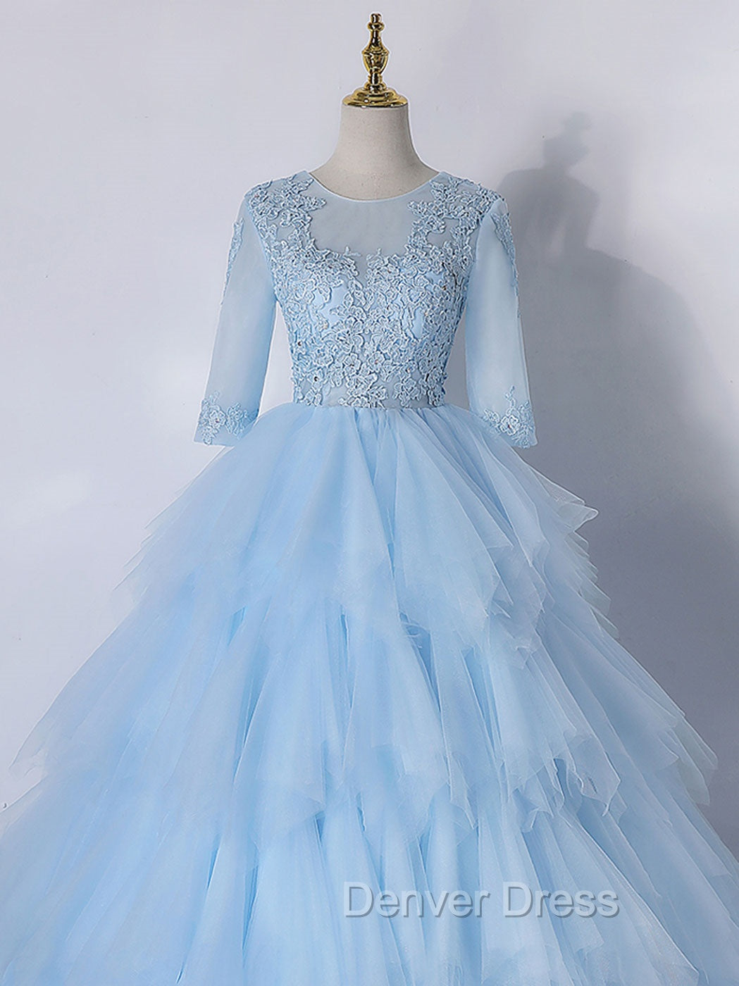 Blue A-Line Tulle Lace Long Prom Dresses, Blue Lace Formal Evening Dresses