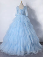 Blue A-Line Tulle Lace Long Prom Dresses, Blue Lace Formal Evening Dresses