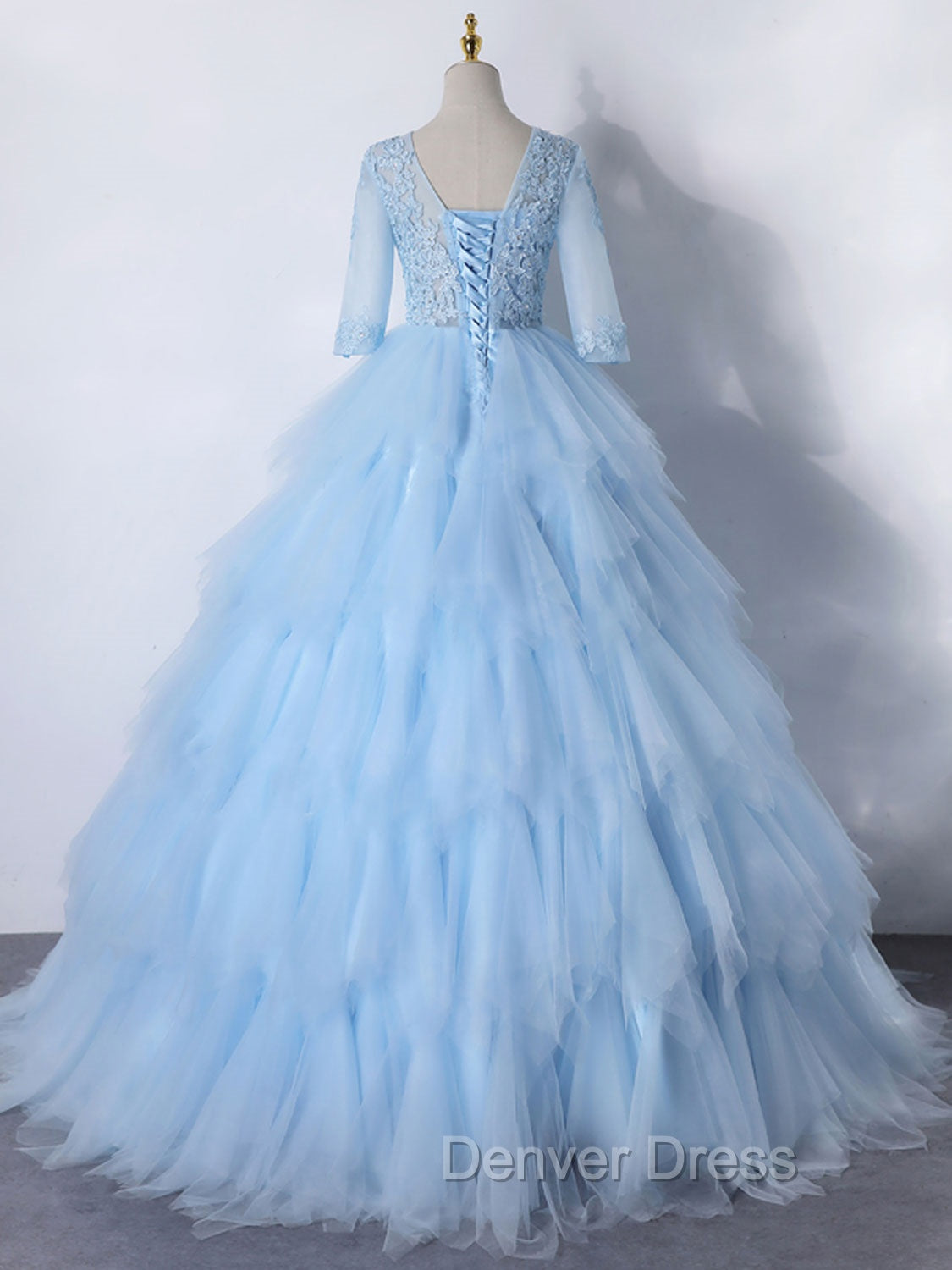 Blue A-Line Tulle Lace Long Prom Dresses, Blue Lace Formal Evening Dresses
