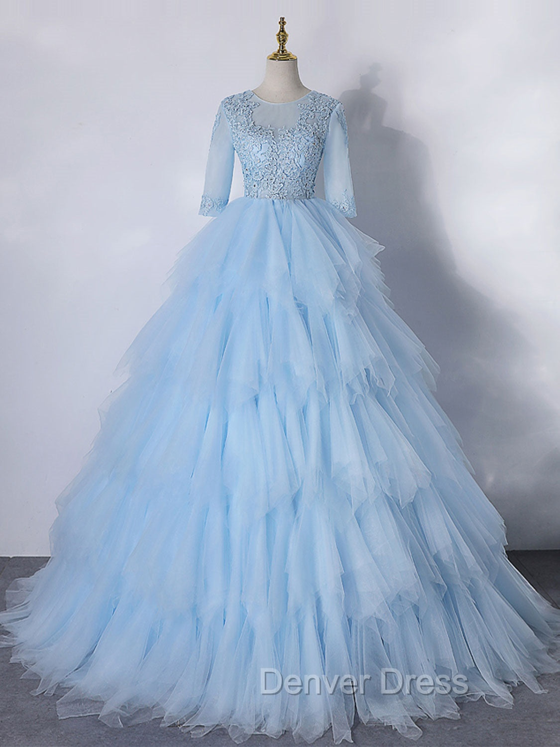 Blue A-Line Tulle Lace Long Prom Dresses, Blue Lace Formal Evening Dresses Main image