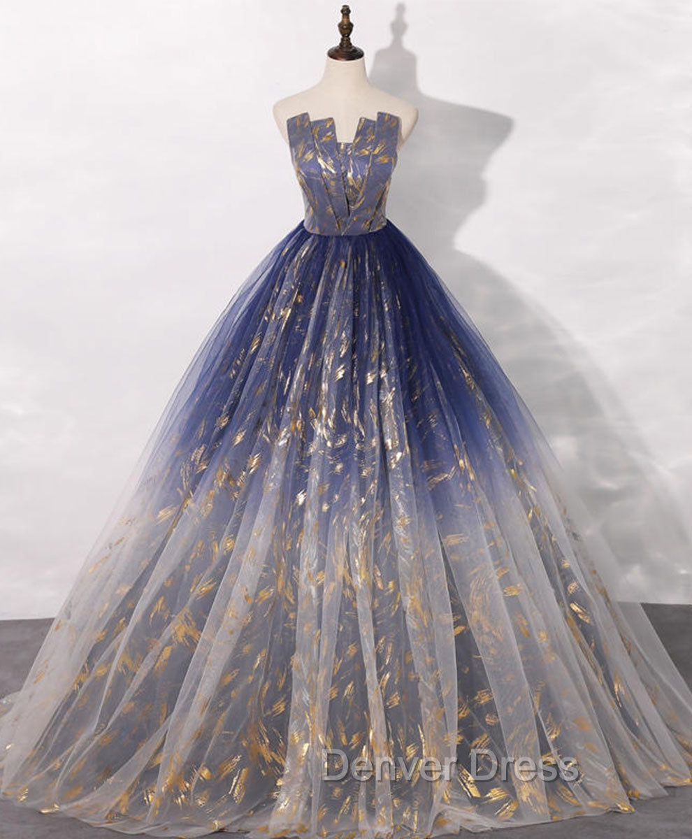 Blue A line Tulle Lace Long Prom Dresses, Tulle Formal Blue Graduation Dresses