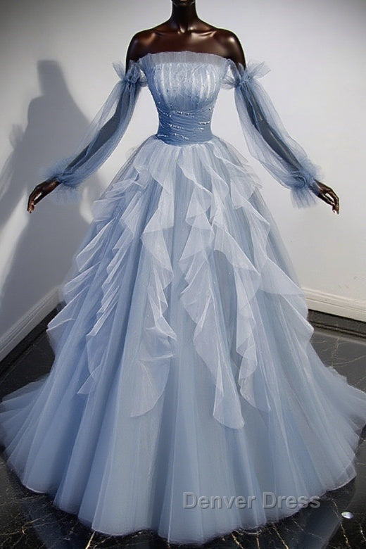 Blue A Line Tulle Lace Long Prom Dress, Blue Prom Dresses Main image