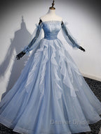 Blue A Line Tulle Lace Long Prom Dress, Blue Prom Dresses