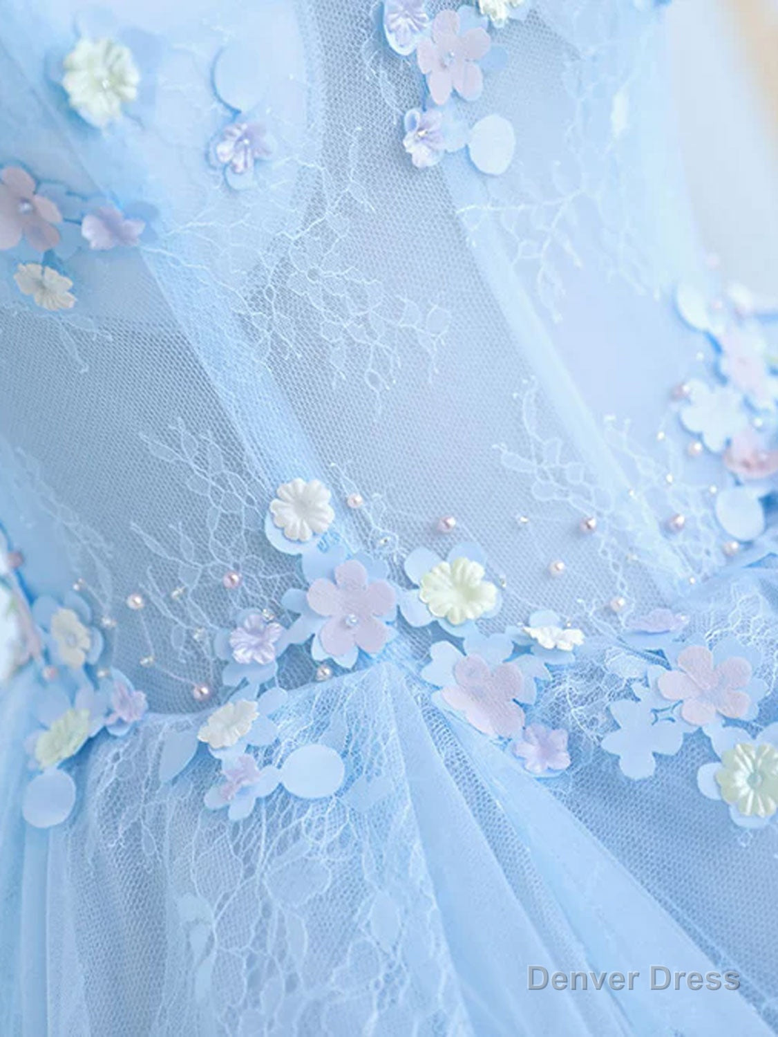 Blue A Line Tulle Lace Long Prom Dress, Blue Lace Prom Dresses