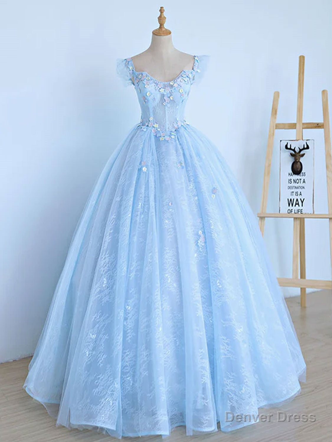 Blue A Line Tulle Lace Long Prom Dress, Blue Lace Prom Dresses