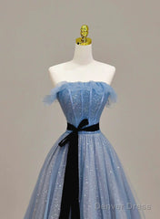 Blue A-Line Tulle Long Party Dress With Belt, Blue Evening Dress Prom Dress