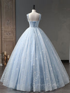 Blue A-Line Tulle Long Prom Dresses, Blue Formal Sweet 16 Dresses
