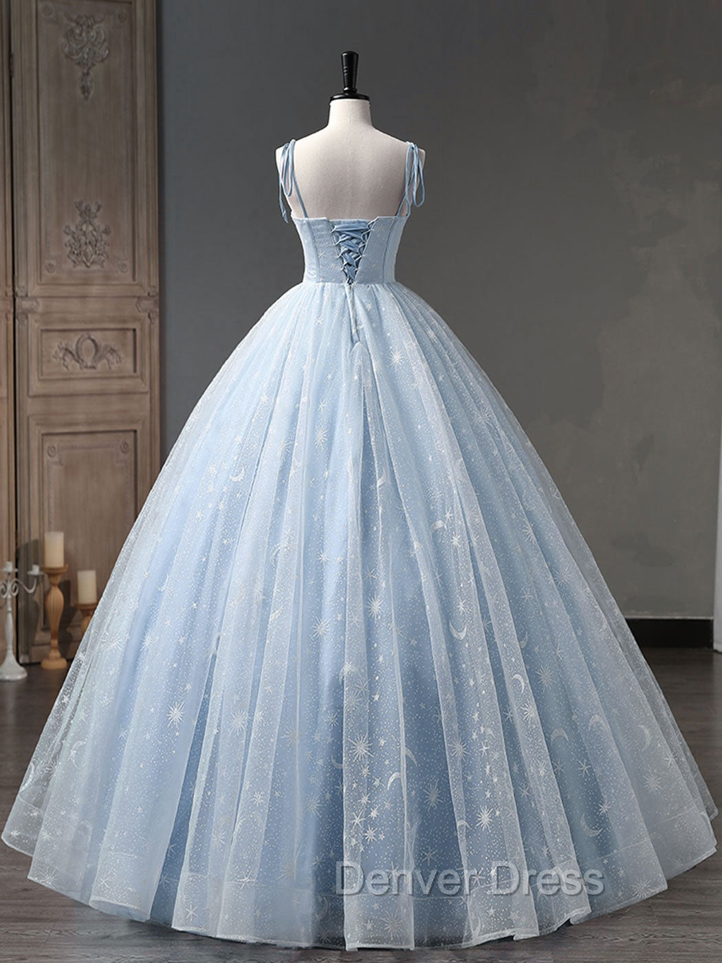 Blue A-Line Tulle Long Prom Dresses, Blue Formal Sweet 16 Dresses