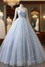 Blue A-Line Tulle Long Prom Dresses, Blue Formal Sweet 16 Dresses