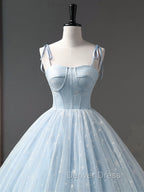 Blue A-Line Tulle Long Prom Dresses, Blue Formal Sweet 16 Dresses