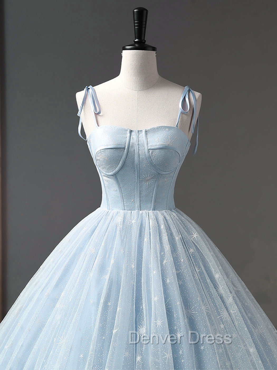 Blue A-Line Tulle Long Prom Dresses, Blue Formal Sweet 16 Dresses