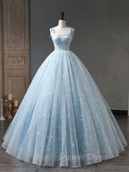 Blue A-Line Tulle Long Prom Dresses, Blue Formal Sweet 16 Dresses