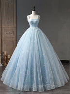 Blue A Line Tulle Long Prom Dress, Blue Prom Sweet 16 Dresses
