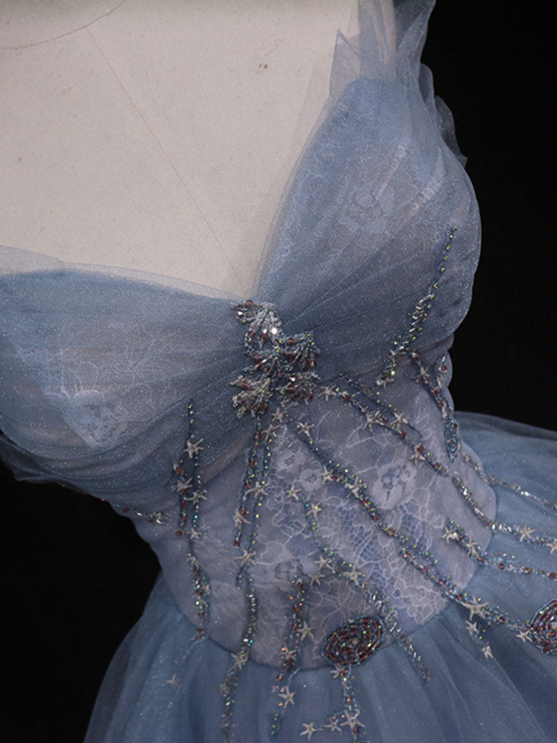 Blue A-Line Tulle Long Prom Dresses, Blue Tulle Formal Graduation Dresses