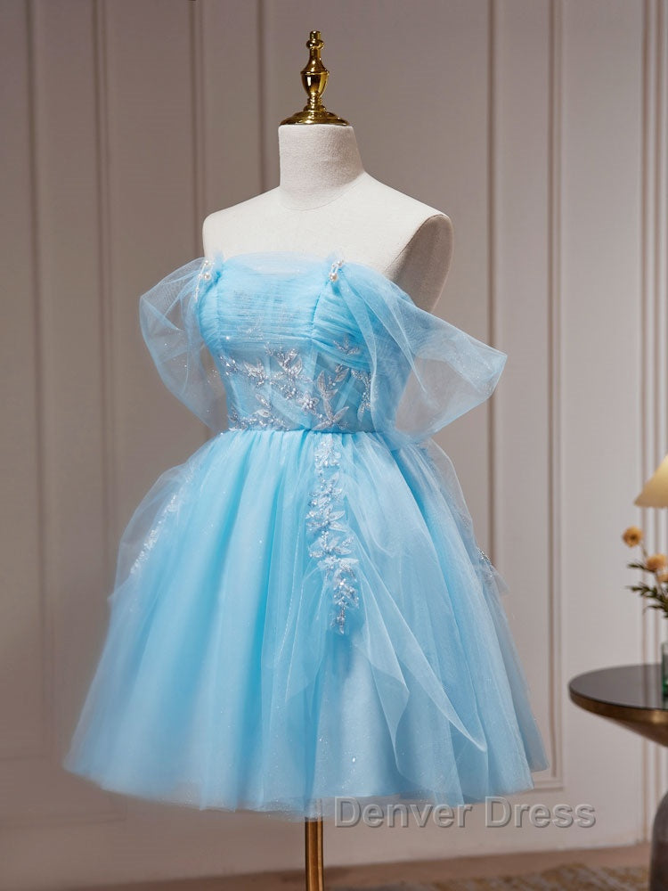 Blue A Line Tulle Short Prom Dress, Blue Homecoming Dresses Secondary image