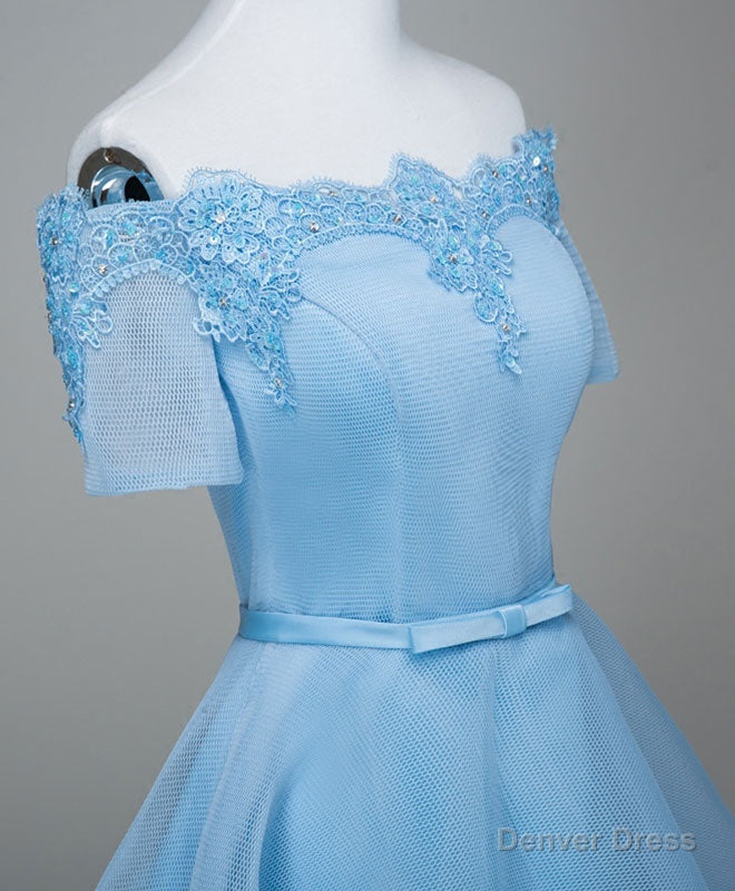 Blue A Line Tulle Short Sleeve Lace Short Prom Dress, Blue Cute Homecoming Dresses Secondary image